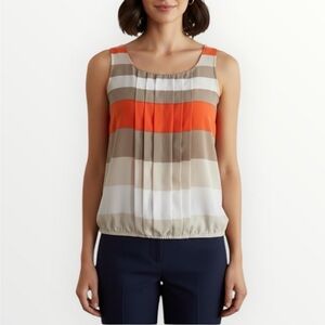 ALFANI Striped Sleeveless Pleated Top Blouse Orange Tan Office Career Size 8